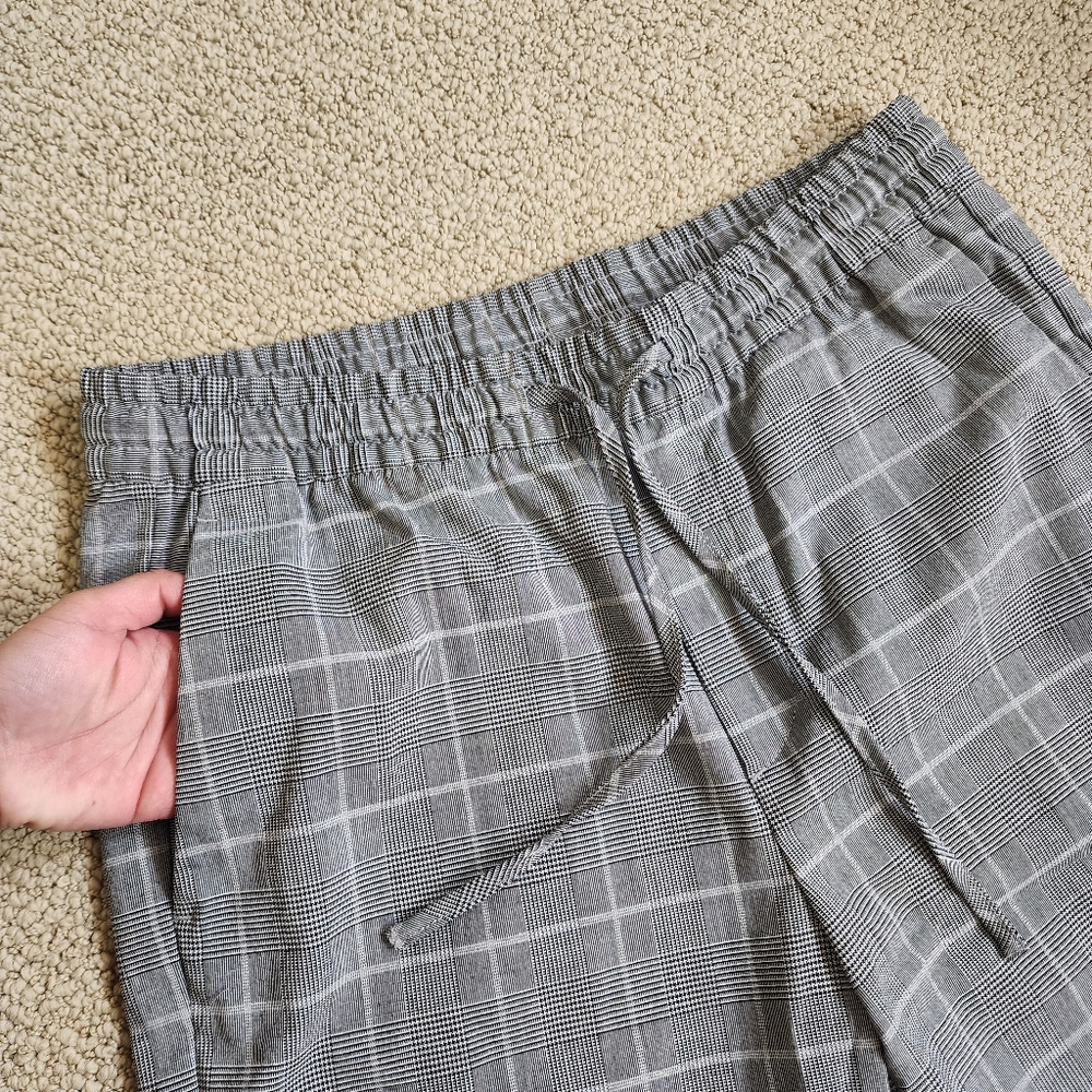 Gray Plaid High Waist Drawstring Trouser Pants Size Small Office Work Wear